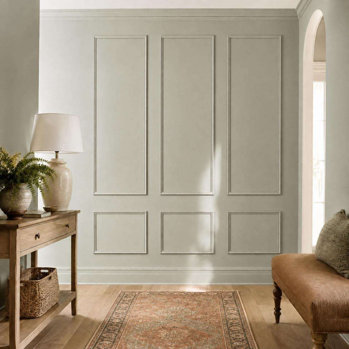 Sage green picture frame wall molding in an entryway