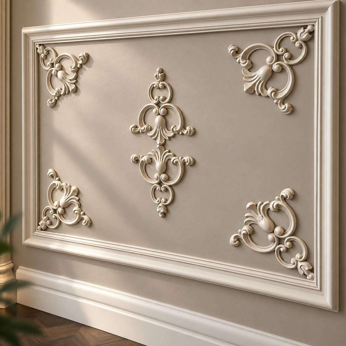 Close-up of decorative molding corner appliques
