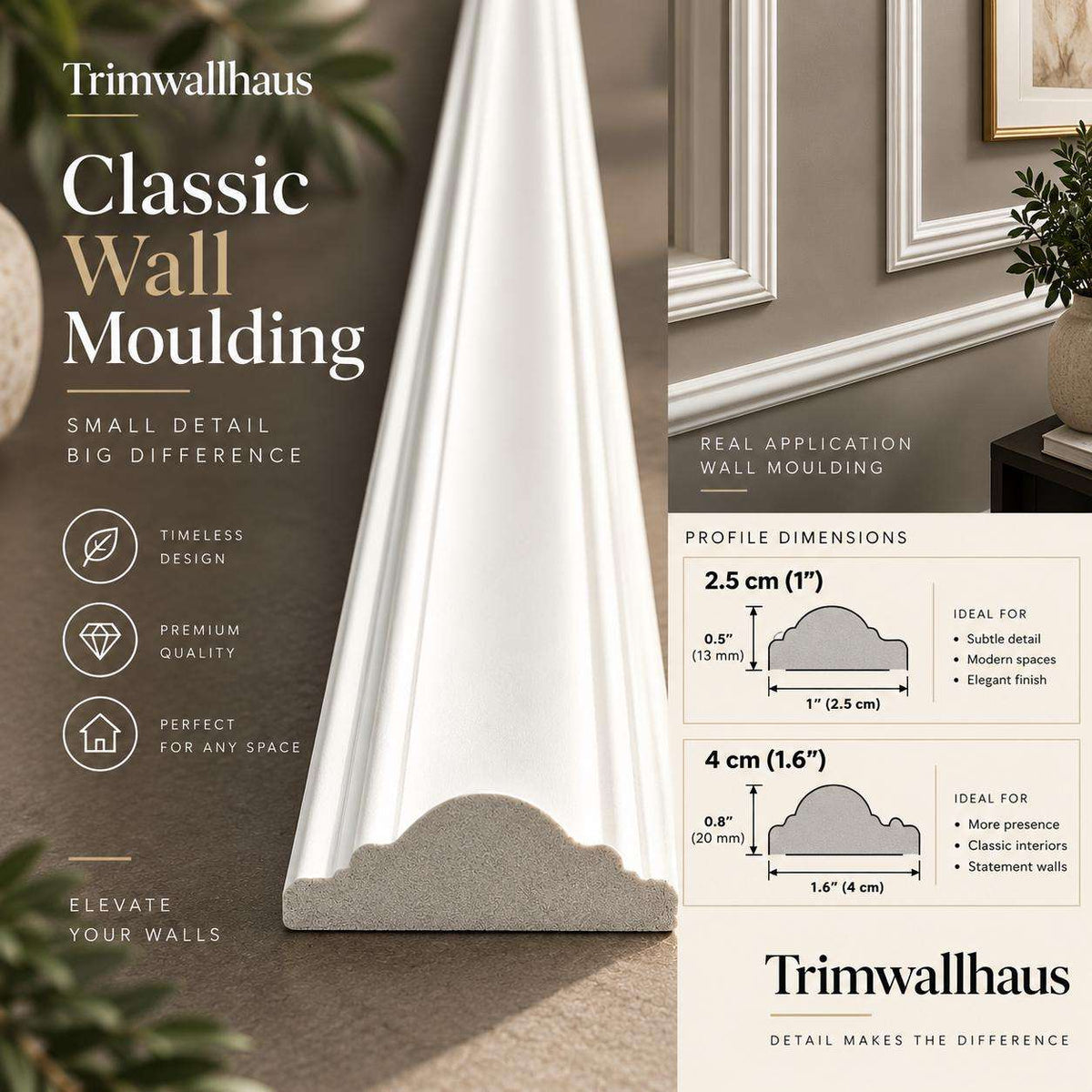 Classic wall molding profiles in 2.5 cm and 4 cm widths