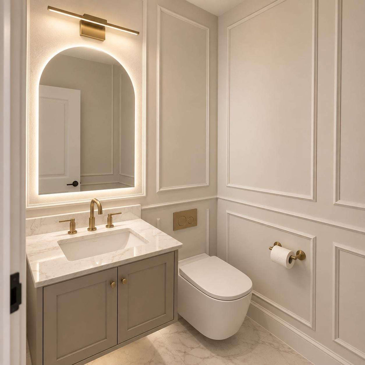 Greige picture frame wall molding in a bathroom