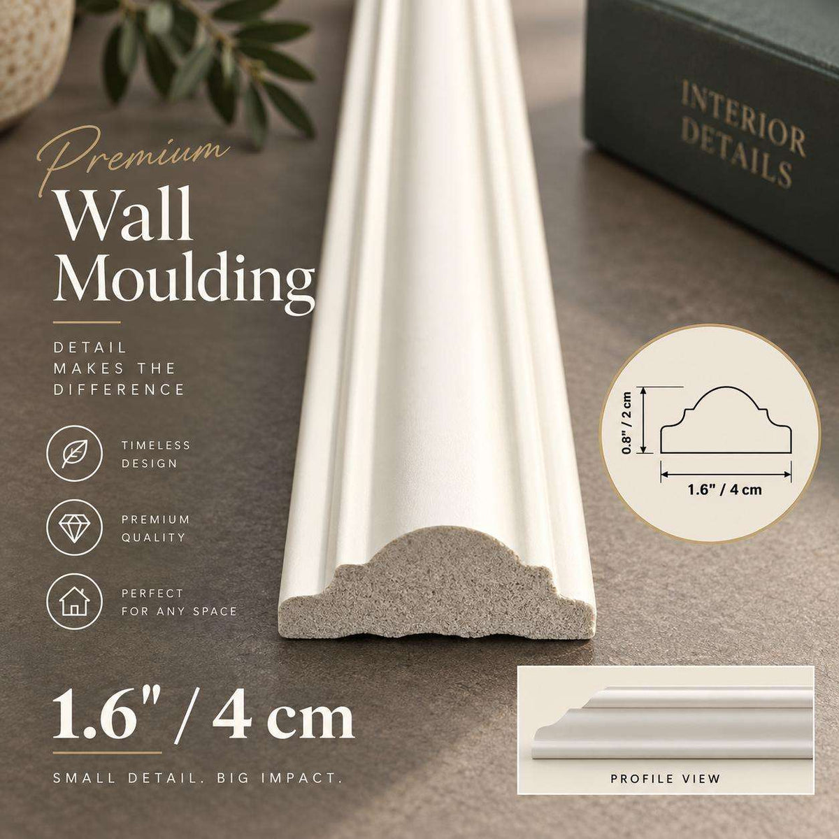 Premium 1.6 inch (4 cm) wall molding profile, close-up