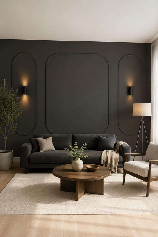 Modern wall molding: charcoal gray rounded-corner wall molding in a living room alternate view
