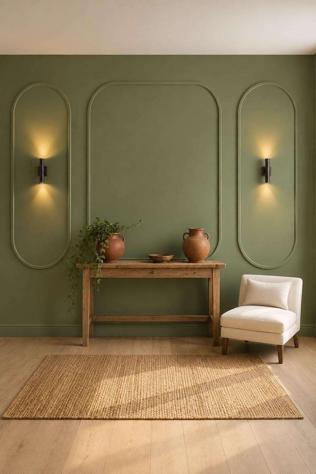 Modern wall molding: olive green rounded-corner wall molding in an entryway
