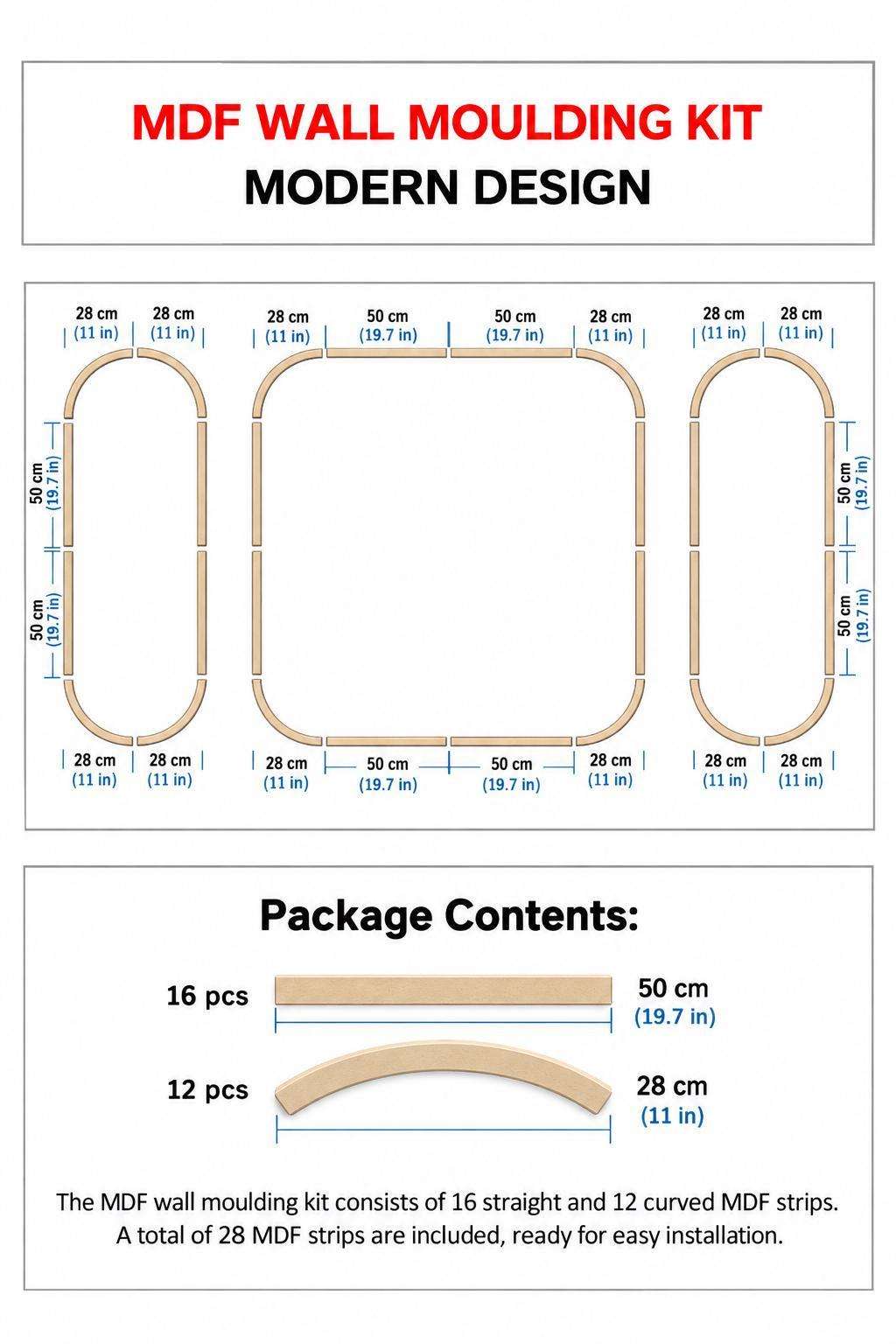 Rounded Corner Wall Molding Set dimensions and package contents