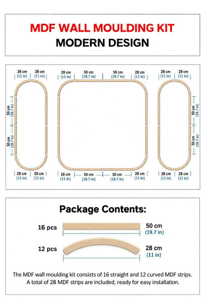 Rounded Corner Wall Molding Set dimensions and package contents