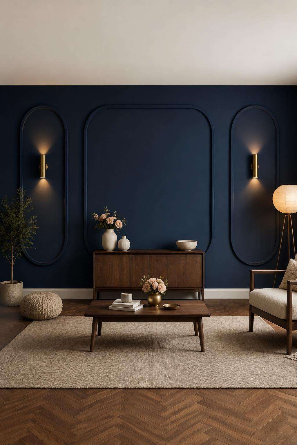 Modern wall molding: navy rounded-corner wall molding in a living room