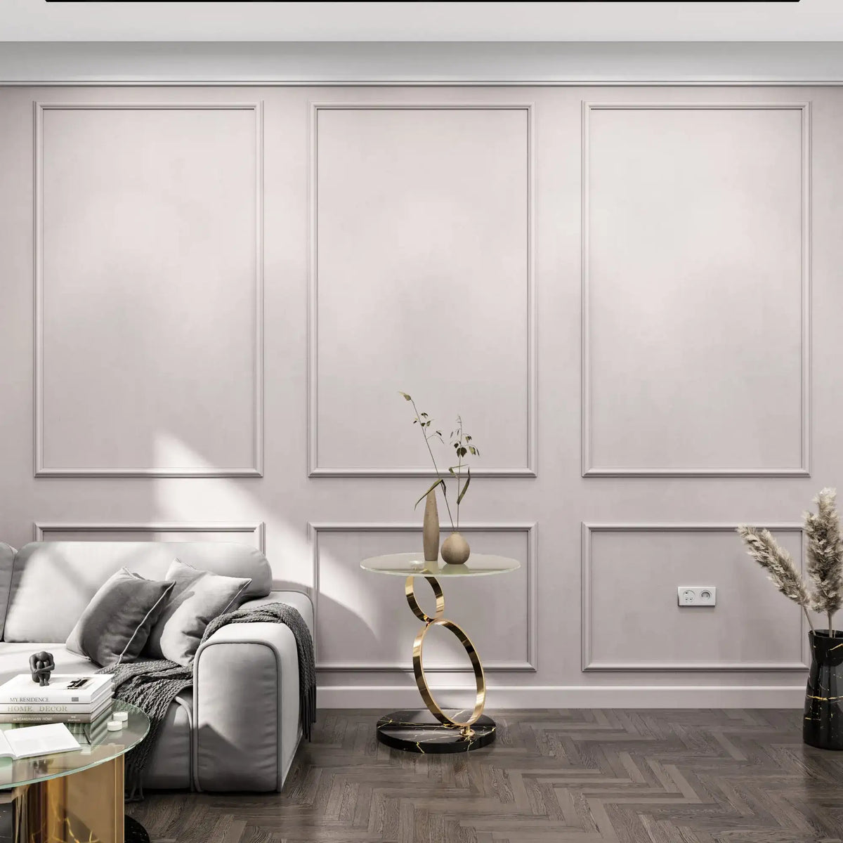 Box Molding Wall Kit, white picture frame wall molding in a living room
