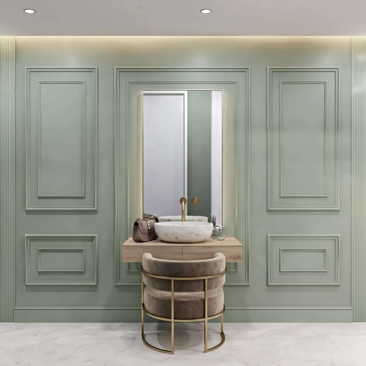Sage green double picture frame wall molding in a bathroom