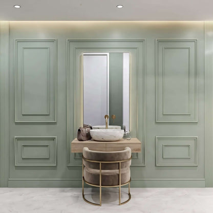Sage green double picture frame wall molding in a bathroom