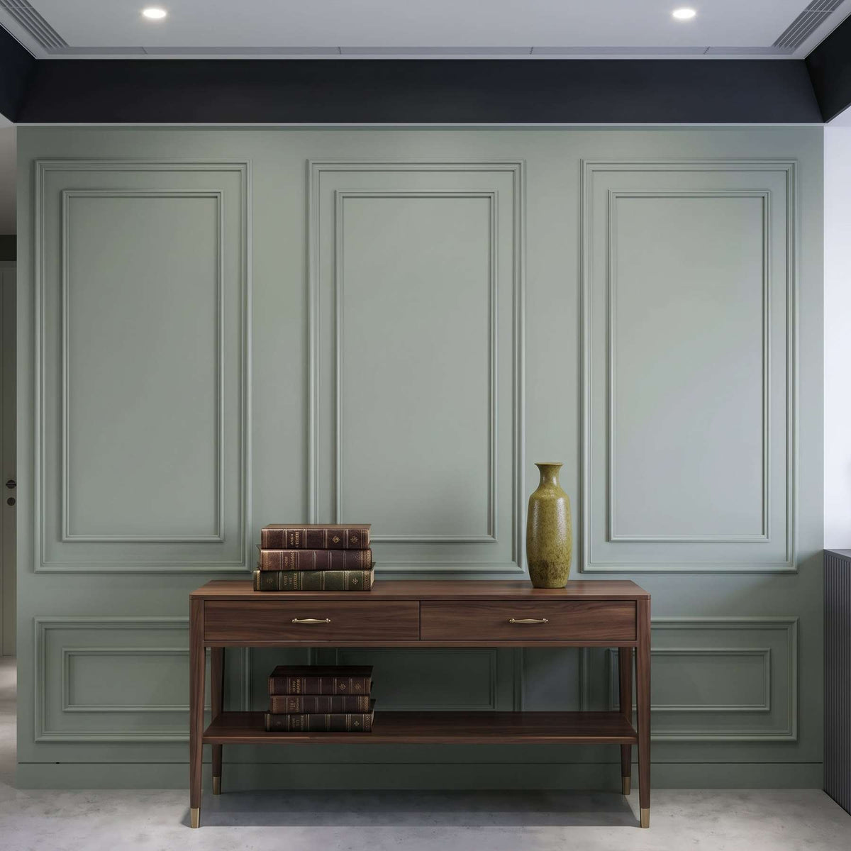 Sage green double picture frame wall molding in an entryway