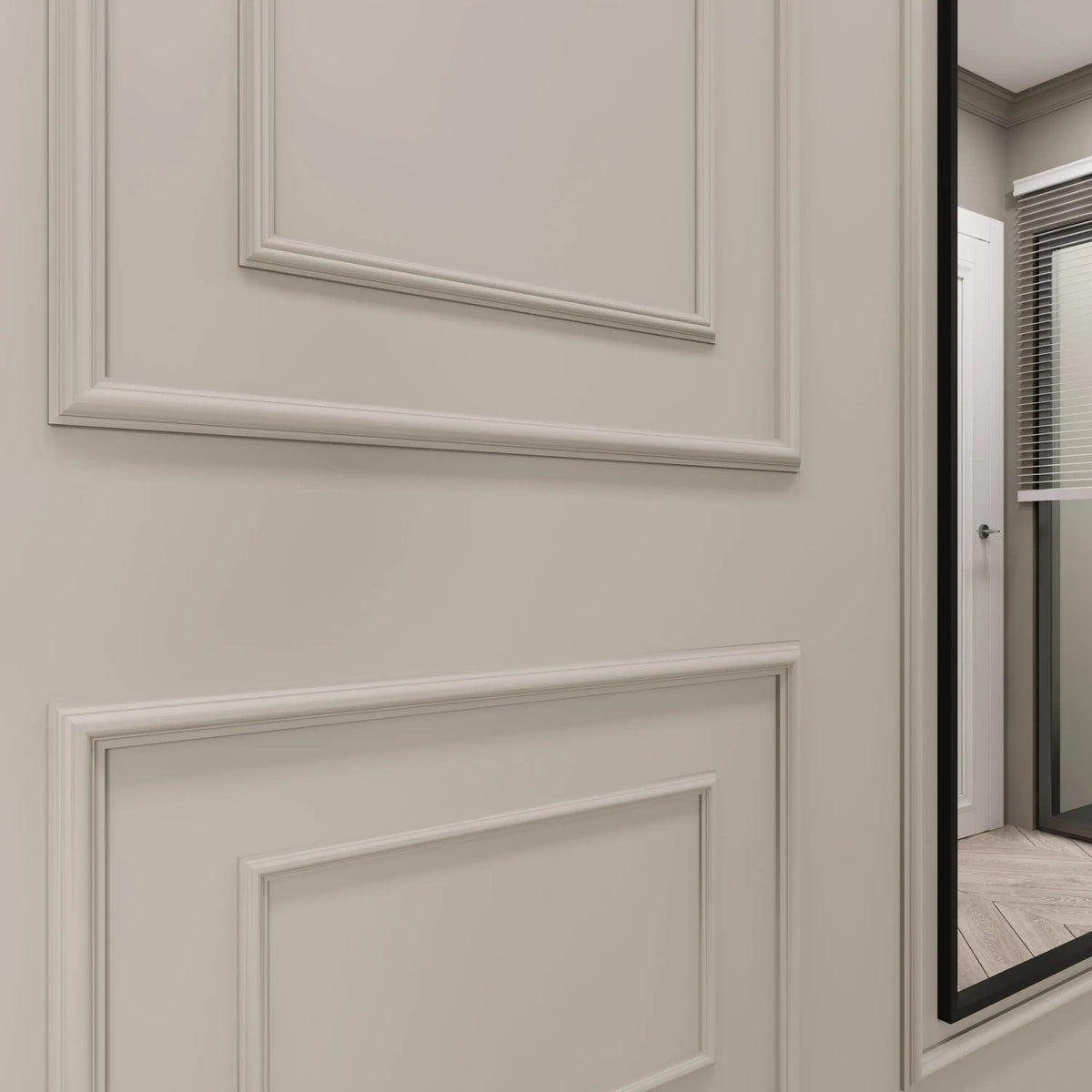 Close-up of a mitered picture frame molding corner on a wall