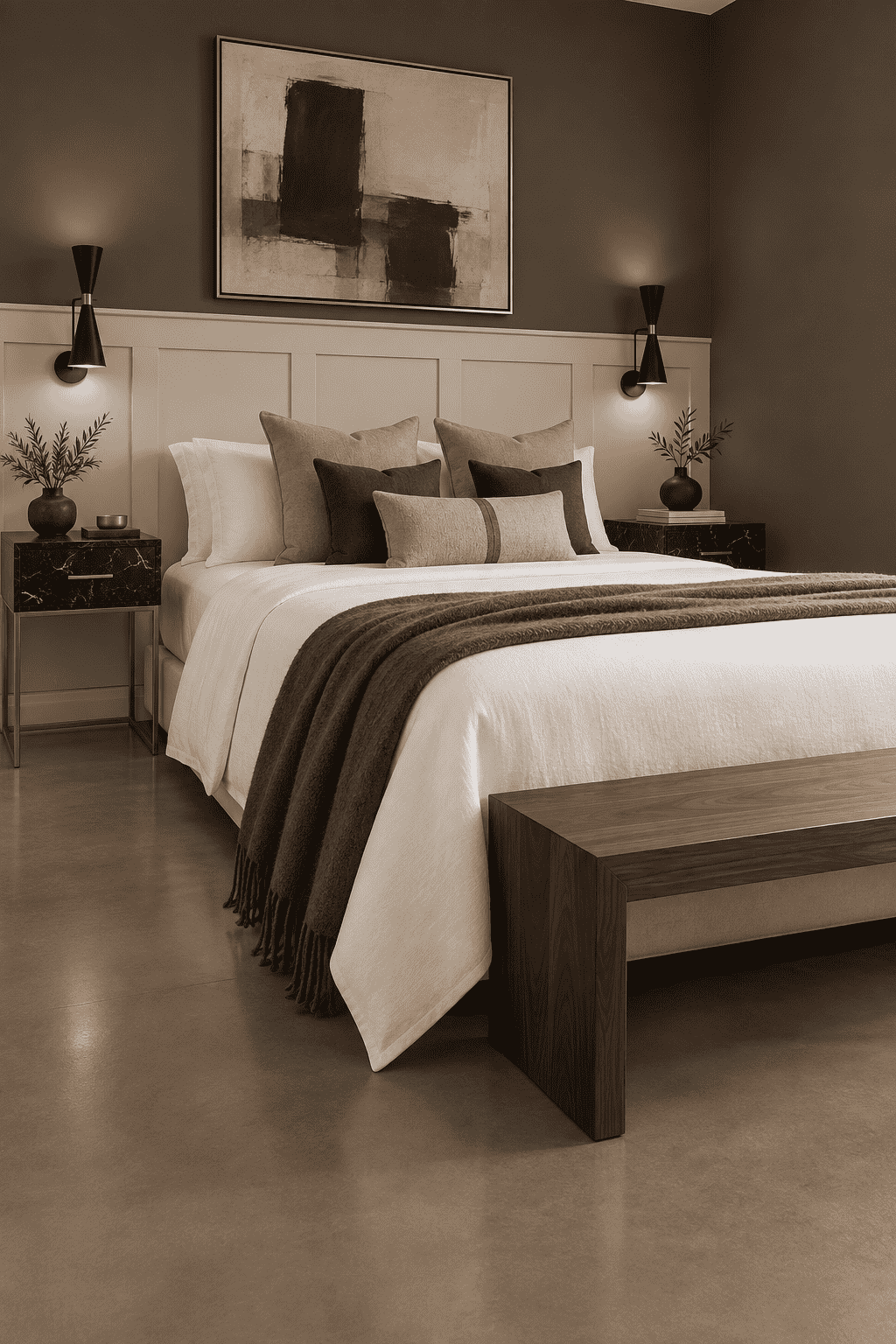 Shaker Wall Paneling Kit, taupe bedroom wall molding design behind the bed