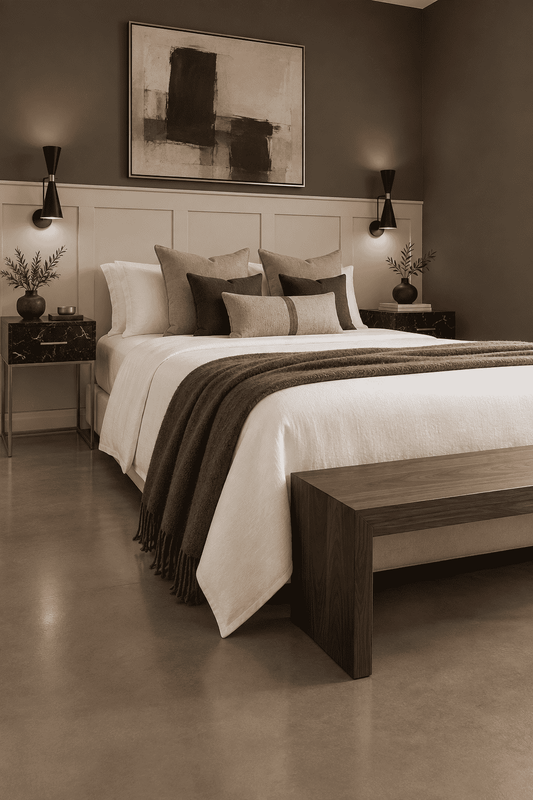 Shaker Wall Paneling Kit, taupe bedroom wall molding design behind the bed