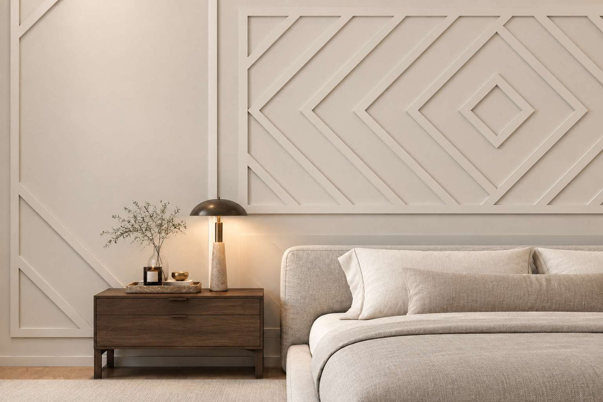 Bedroom wall molding design: beige geometric wall molding behind the bed