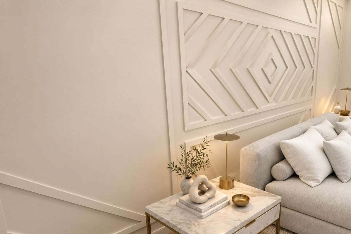 Bedroom wall molding design: beige geometric wall molding behind the bed, wide view