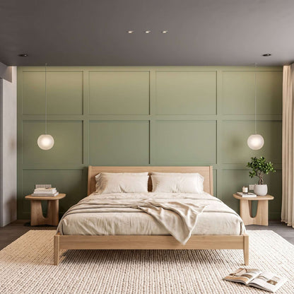 Board and Batten Accent Wall Covering, sage green bedroom wall molding design behind the bed