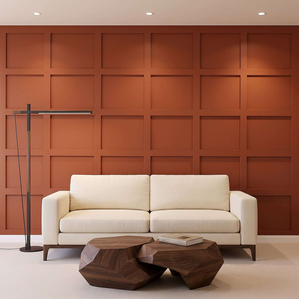 Board and Batten Accent Wall Panels, rust orange grid board and batten wall in a living room