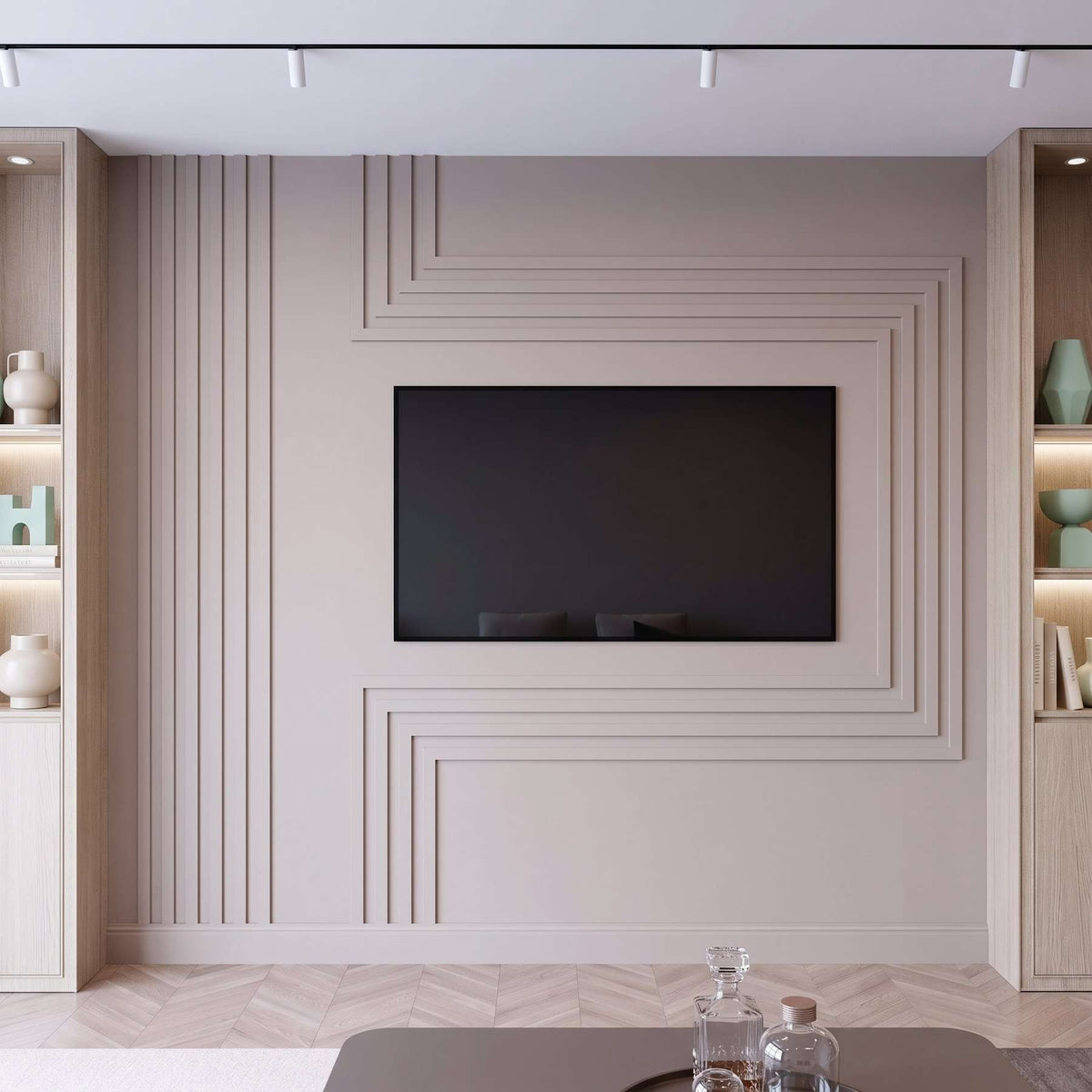 TV Media Wall Panels, blush pink TV media wall molding in a living room