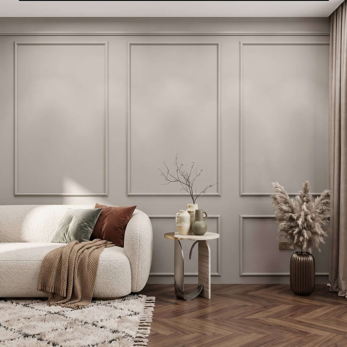 Wall Molding Kit, greige picture frame wall molding in a living room