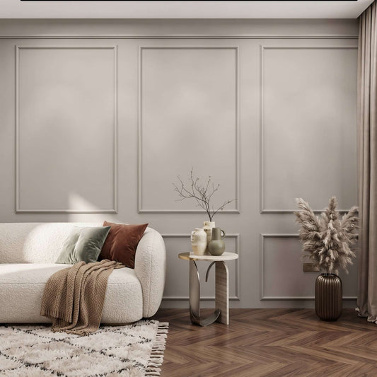 Wall Molding Kit, greige picture frame wall molding in a living room