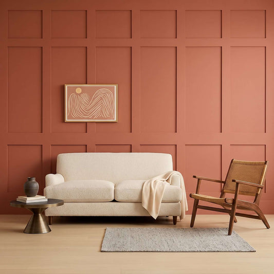 Vertical Board and Batten Accent Wall Kit, terracotta grid board and batten wall in a living room