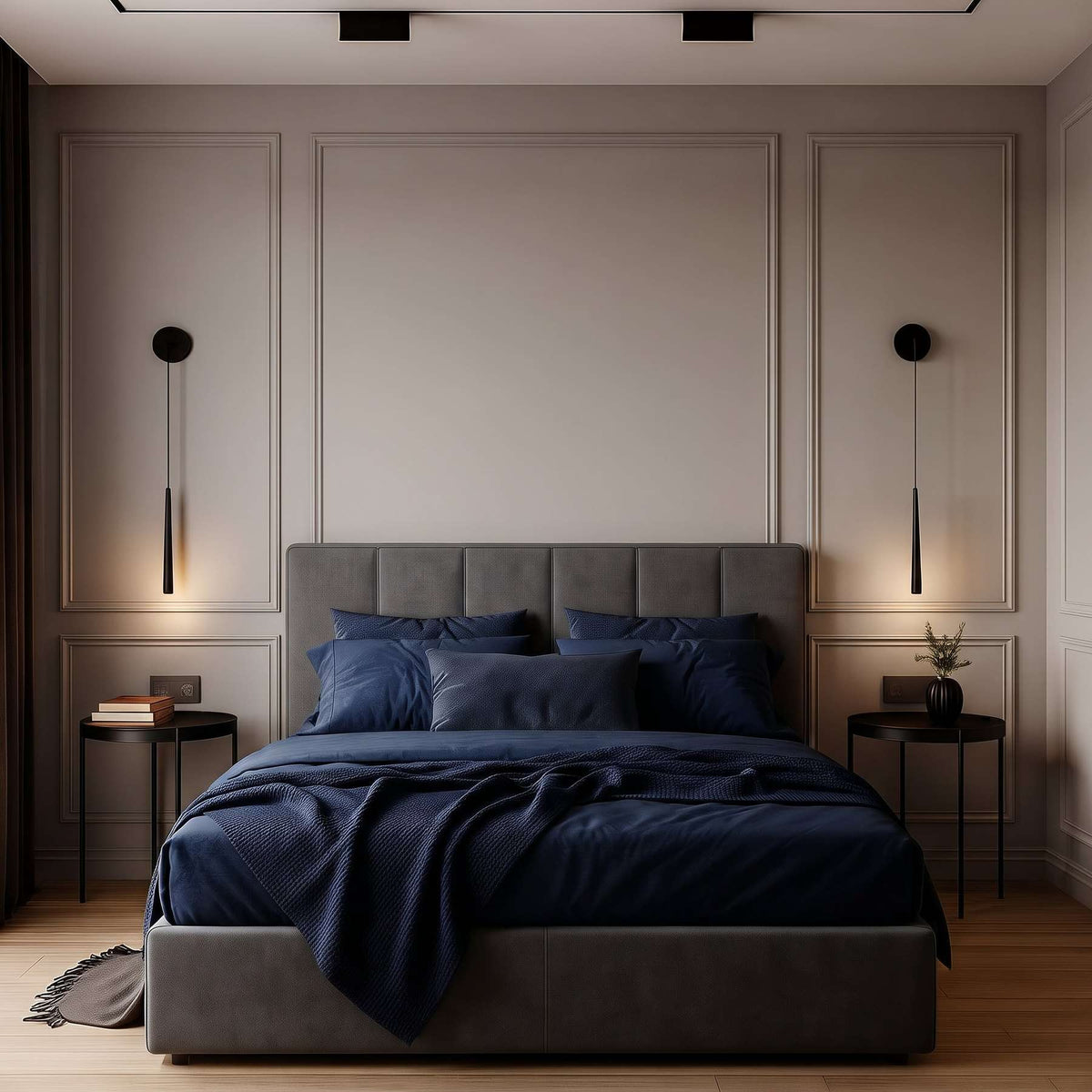 Bedroom wall molding design: gray picture frame wall molding behind the bed