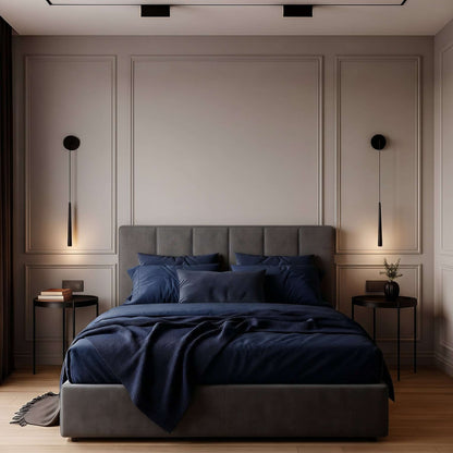 Bedroom wall molding design: gray picture frame wall molding behind the bed