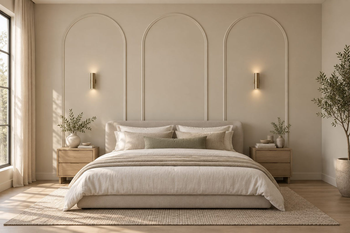 Pre-cut arched wall molding kit installed in a bedroom by Trim Wall Haus