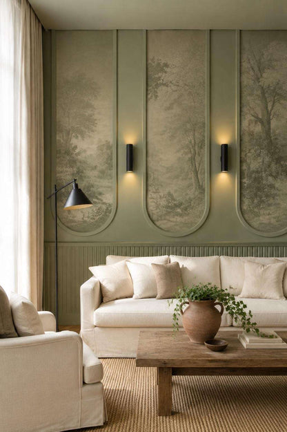 U Shaped Arch Wall Trim Kit, sage green arched wall molding framing mural wallpaper