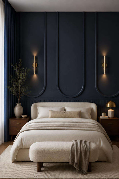 Bedroom wall molding design: navy arched wall molding behind the bed
