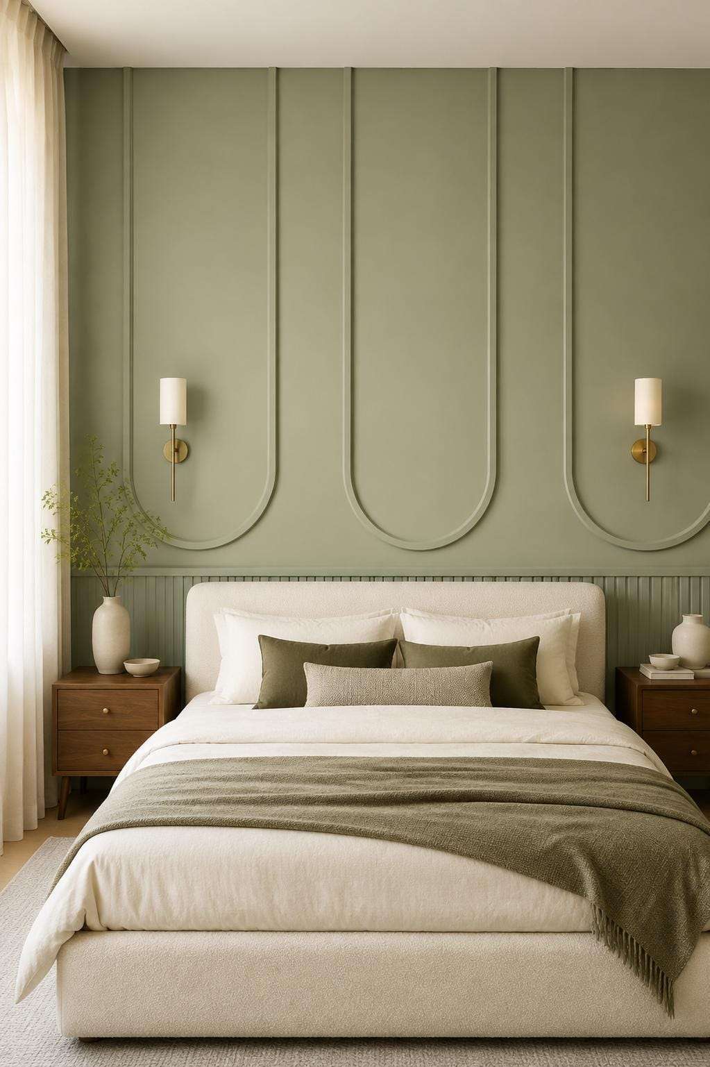 Bedroom wall molding design: sage green arched wall molding behind the bed