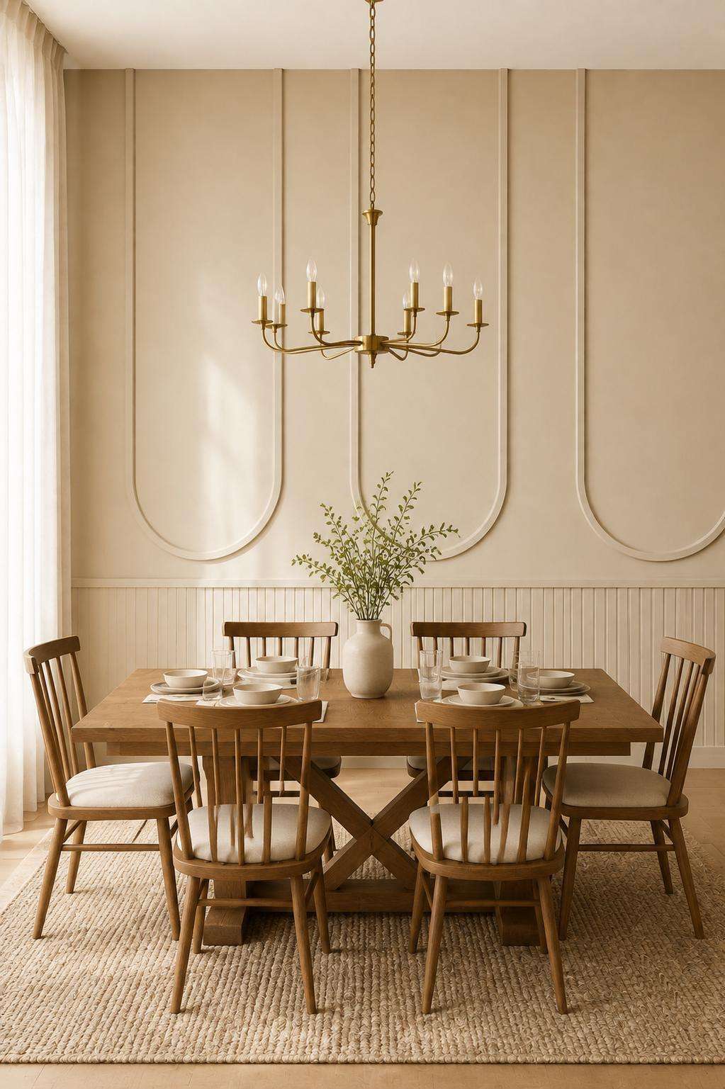 Cream arched wall molding in a dining room