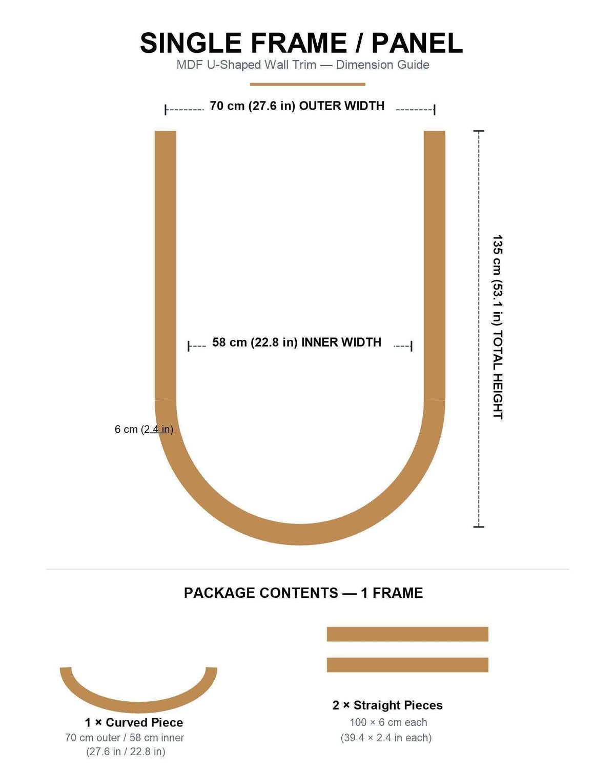 U Shaped Arch Wall Trim Kit dimensions and package contents