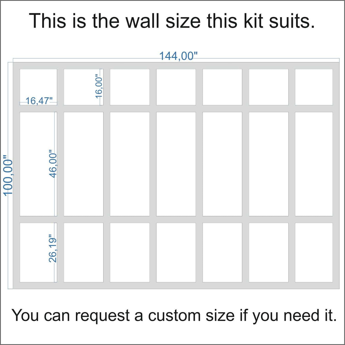 Wall size the Vertical Board and Batten Accent Wall Kit fits (custom sizes available)