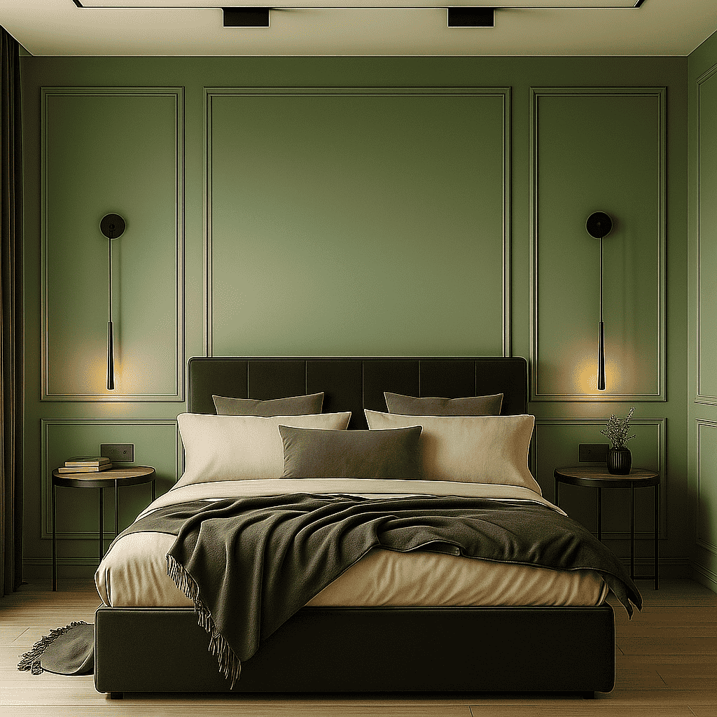 White Wall Molding Kit, olive green bedroom wall molding design behind the bed